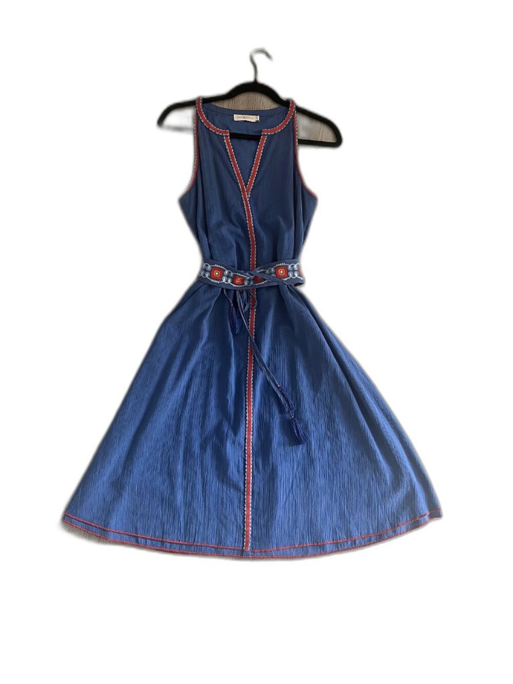 Tory Burch Savannah Embroidered Crepon Dress 4 Hudson Blue - Picture 7 of 11